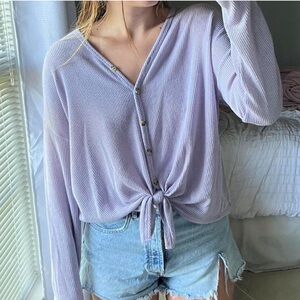 Lavender Waffle Knit Button Down Sweater